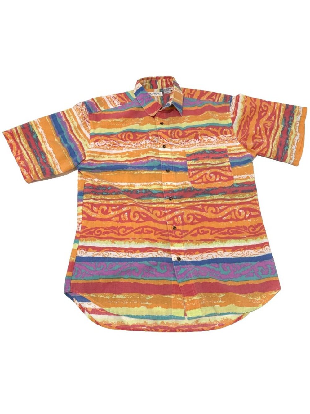 Vintage Bugle Boy Aztec Striped Orange Purple Pink Button Shirt Mens Size Large